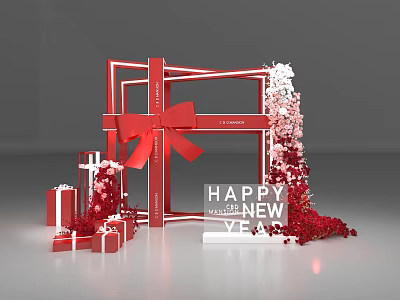 Floral Installation with Red Gift Boxes Large Bow Happy New Year Sign for Holiday 3d model