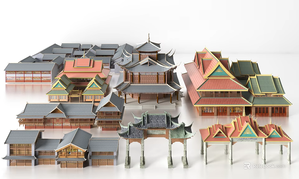 Ancient Architecture Models Showcasing Various Traditional Chinese Roof Styles And Structures 3d model