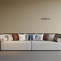 Modern Beige Sectional Sofa With Multiple Colored Cushions Against Neutral Wall And Gray Floor 3d model