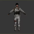Tactical Military Soldier in Blood Stained Uniform With Vest Hat and Full Gear Standing Pose