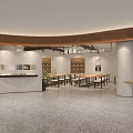 Modern Mall Cafe Interior With Curved Wooden Ceiling Reception Counter Tables Chairs And Bookshelves
