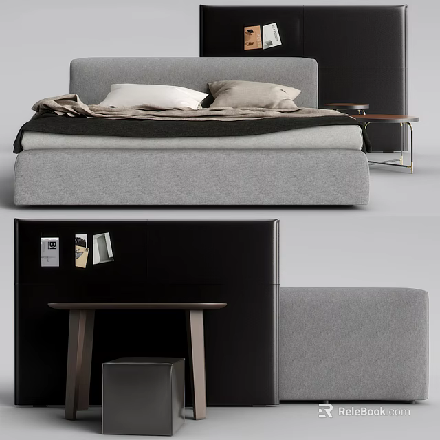 Modern Gray Double Bed With Upholstered Headboard Soft Blanket And Black Nightstand 3d model 