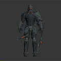 Futuristic Mechanical Armored Warrior Character With Orange Glowing Armor And Dual Weapons