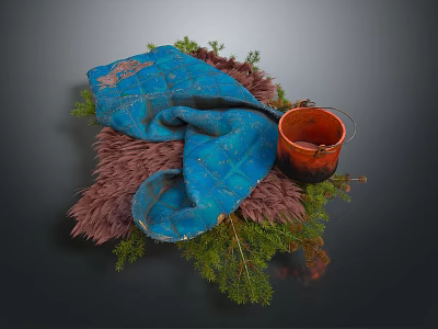 Blue Textured Cloth With Brown Container And Green Plants On Furry Base 3d model
