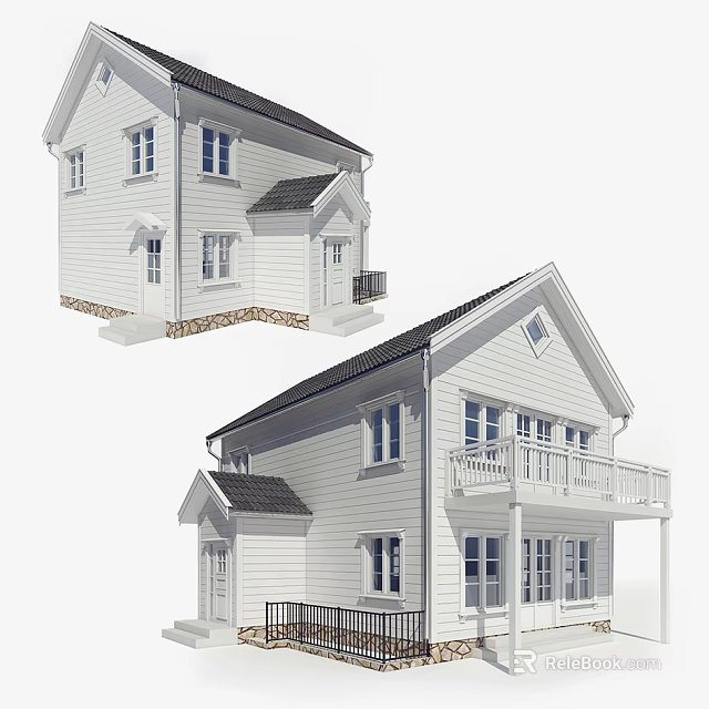 White Scandinavian House Exterior Design With Gabled Roof Balcony Stone Foundation And Windows 3d model 