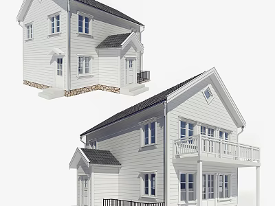 White Scandinavian House Exterior Design With Gabled Roof Balcony Stone Foundation And Windows 3d model