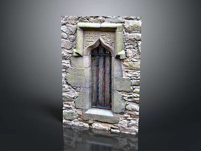 Ancient Stone Wall Featuring Decorative Carved Window Frame And Iron Grille 3d model