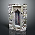 Ancient Stone Wall Featuring Decorative Carved Window Frame And Iron Grille 3d model