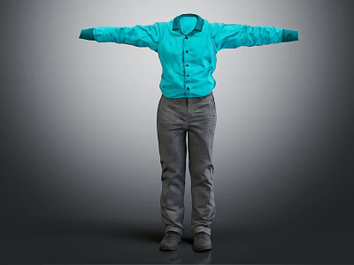 Blue Collared Shirt With Button And Long Sleeves Paired With Gray Pants Arms Outstretched 3d model