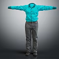 Blue Collared Shirt With Button And Long Sleeves Paired With Gray Pants Arms Outstretched