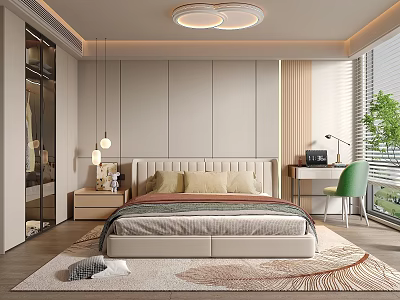 Modern Bedroom Interior With Comfortable Bed Green Chair And Patterned Rug 3d model