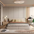 Modern Bedroom Interior With Comfortable Bed Green Chair And Patterned Rug