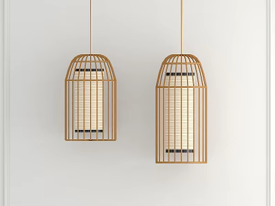 Two Caged Design Pendant Lights With Gold Frame And Woven Shade On White Wall 3d model