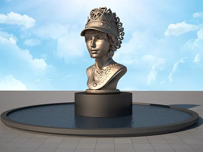 Bronze Female Bust Sculpture With Intricate Headdress Detailed Necklace On Black Pedestal Circular Pool Platform 3d model