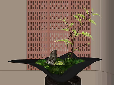 Bonsai Plant in Black Pot with Moss Stone and Red Lattice Screen Background 3d model