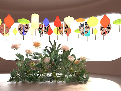 Indoor Decoration Scene With Hanging Colorful Lanterns Featuring Facial Makeup Patterns Green Plants And Flowers 3d model