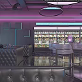 Modern Bar Interior With Neon Lights Bar Counter Black Stools Drinks Shelves And Green Plants