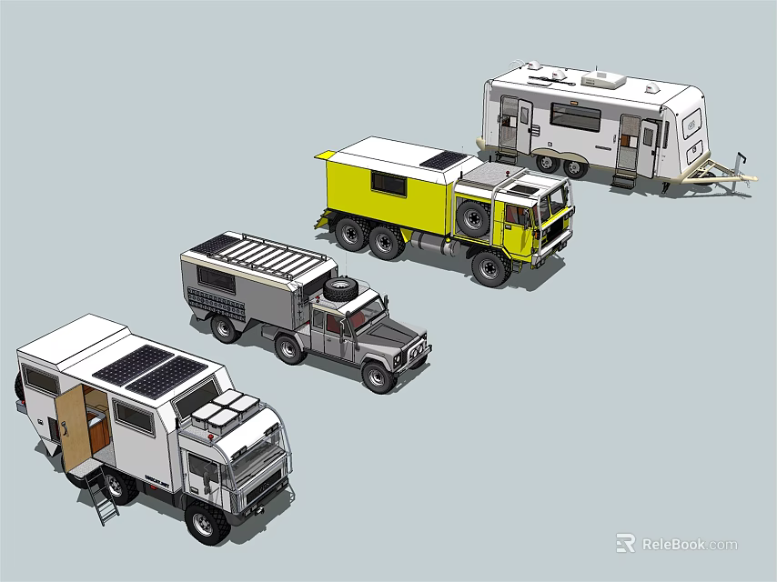 Various Camper Cars and Trailers with Yellow White Gray Designs and Solar Panels 3d model 