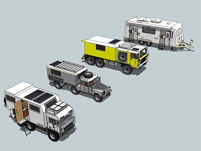 Various Camper Cars and Trailers with Yellow White Gray Designs and Solar Panels 3d model