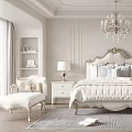 Elegant Bedroom Interior Design With Carved Headboard Crystal Chandelier Nightstands Table Lamps Armchair And Rug