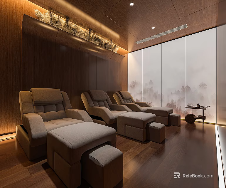 Serene SPA Sauna Relaxation Space With Comfortable Massage Chairs And Wooden Decor 3d model 