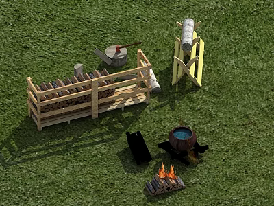 Stone And Wood Outdoor Campfire Area With Stacked Logs Wooden Rack And Pot 3d model