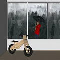 Wooden Children's Balance Bike Near Window With Rainy Forest View And Person Holding Umbrella