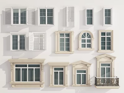 Diverse White Window Styles Including Shutters Arched Frames And Balcony Designs 3d model