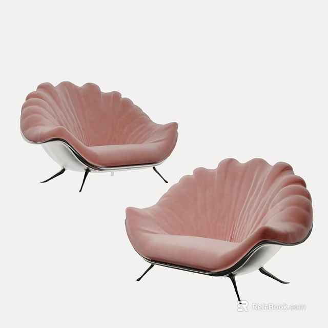 Pink Shell Shaped Two Seater Sofa With Velvet Upholstery And Black Metal Legs 3d model 