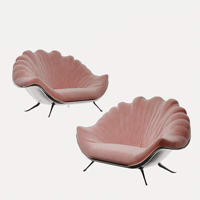 Pink Shell Shaped Two Seater Sofa With Velvet Upholstery And Black Metal Legs 3d model