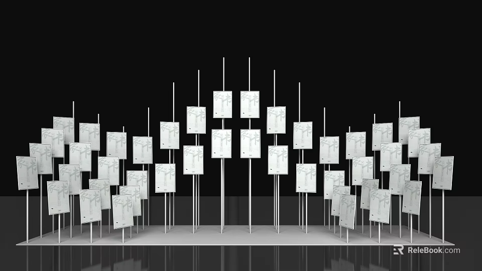Arranged Exhibition Display With White Panels On Metal Poles And Reflective Floor 3d model 