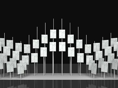 Arranged Exhibition Display With White Panels On Metal Poles And Reflective Floor 3d model