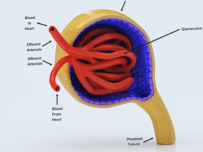 Detailed Structure Of Renal Corpuscle With Afferent Efferent Arterioles And Proximal Tubule 3d model