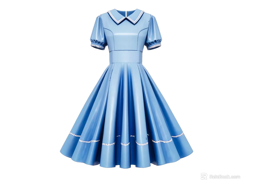 Cute Blue Dress With Peter Pan Collar Short Sleeves A Line Skirt And White Trim 3d model 