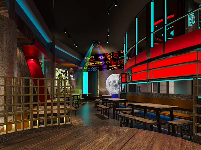 Modern Restaurant Interior Featuring Neon Lights Red Blue Decor Wooden Flooring And Moon Decoration 3d model