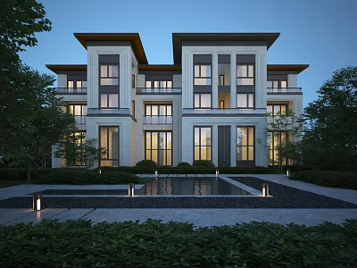 Modern Townhouse Exterior With Stone Facade Large Windows Landscaped Gardens And Water Feature 3d model