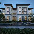 Modern Townhouse Exterior With Stone Facade Large Windows Landscaped Gardens And Water Feature