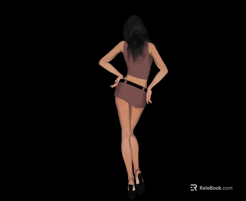 Woman From Behind In Sleeveless Top Shorts With Long Black Hair And High Heels 3d model 