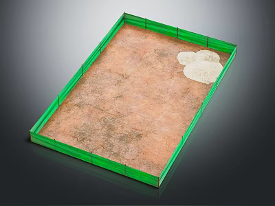 Green Bordered Rectangular Enclosure With Brown Ground And Top Right White Objects 3d model