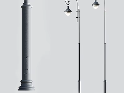 Various Designs Outdoor Lights with Tall Poles Curved Arms and Round Shades 3d model
