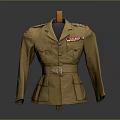 Brown military uniform jacket with epaulettes medals and ribbons pockets and belt on wooden hanger