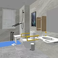 Modern Public Restroom Interior With Yellow Handrails White Toilet Sink Blue Mat And Marble Walls