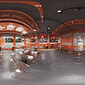 Modern Hotpot Restaurant Interior With Orange Ceiling Metal Chairs And Lighting Fixtures