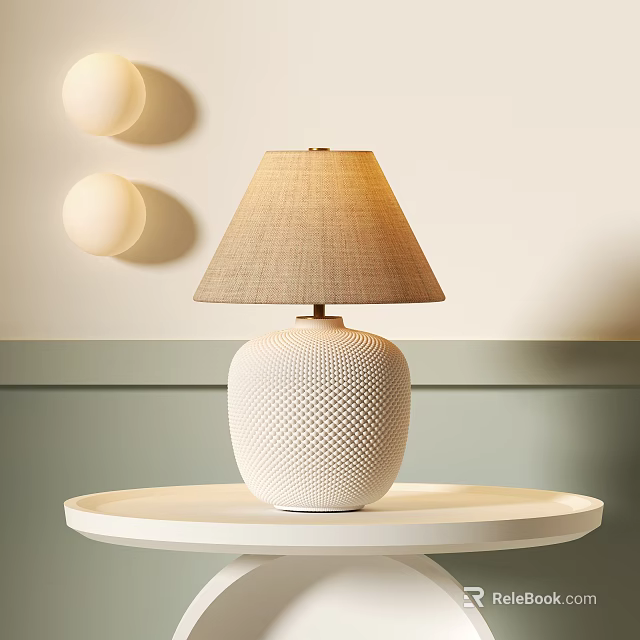 White Grid Table Lamp With Beige Fabric Shade On Round Tray Light Beige Green Wall 3d model 
