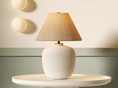 White Grid Table Lamp With Beige Fabric Shade On Round Tray Light Beige Green Wall 3d model
