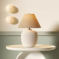 White Grid Table Lamp With Beige Fabric Shade On Round Tray Light Beige Green Wall