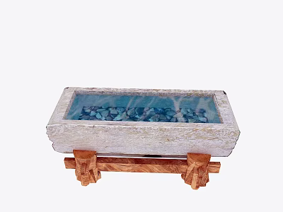 Natural Rectangular Stone Container With Water And Small Pebbles On Wooden Stand 3d model