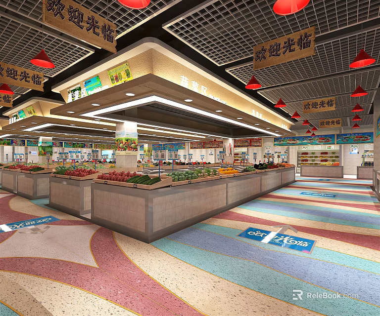 Supermarket Grocery Interior with Fresh Produce Section Neat Shelves and Bright Lighting 3d model 