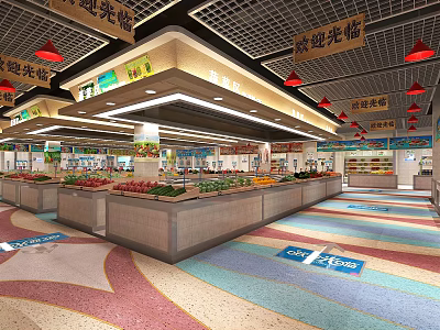 Supermarket Grocery Interior with Fresh Produce Section Neat Shelves and Bright Lighting 3d model