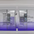 Modern Style Showroom With Curved Screens Central Column White Circular Seats And Geometric Ceiling